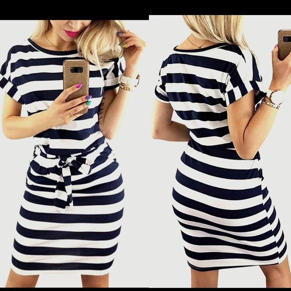 Palinda Striped Short Sleeve Pencil Dress w/ Belt  (M) - Picture 1 of 16